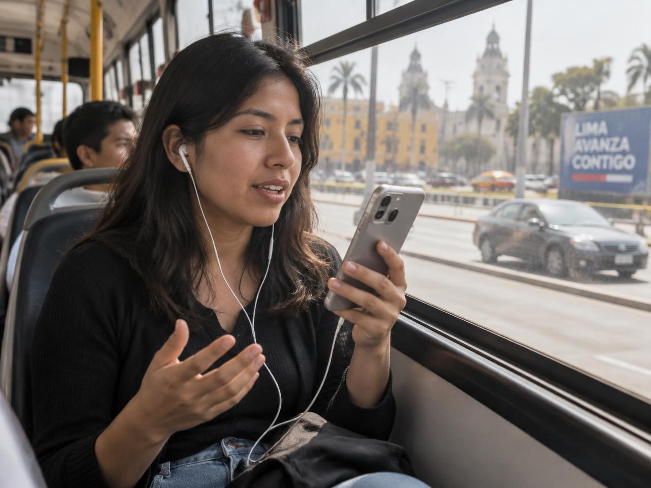 Vecina practicando inglés en el celular durante su trayecto