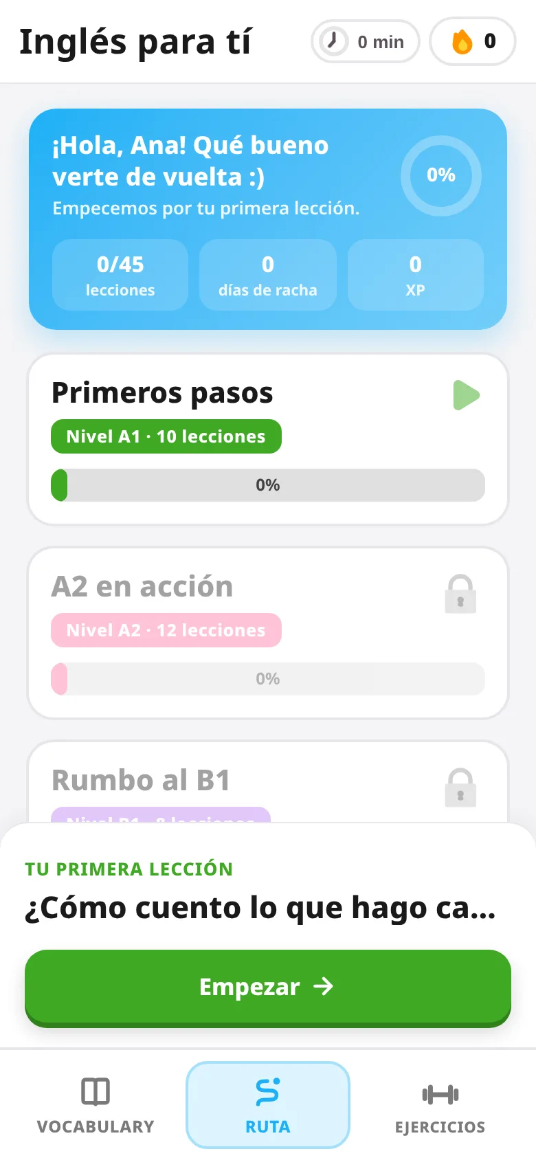 Pantalla real: la ruta de lecciones A1 a C1
